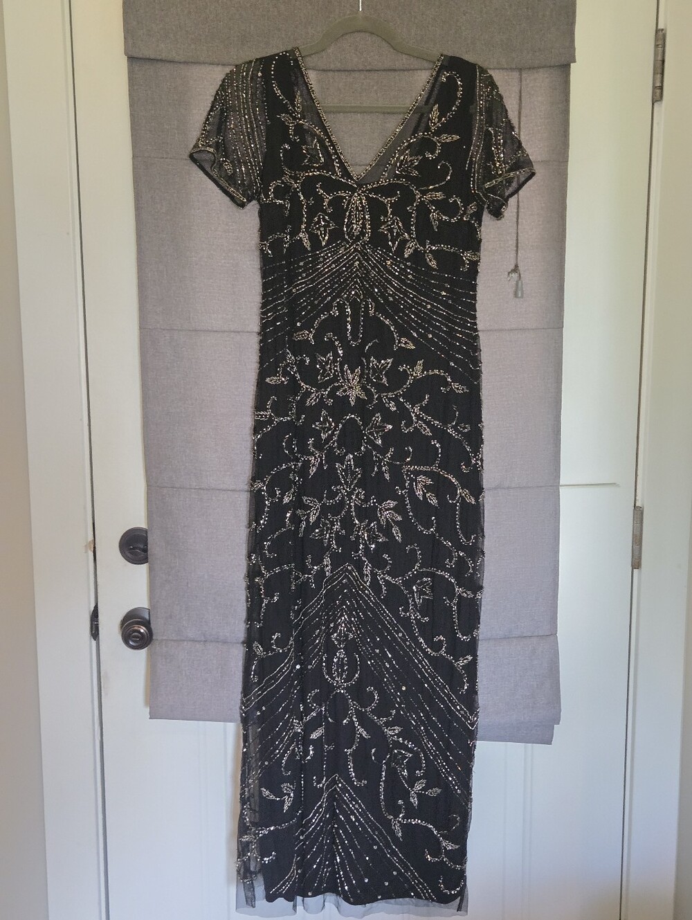 Pisarro Nights Beaded Mesh Column Dress Slate Sz 10 $238 Retail
